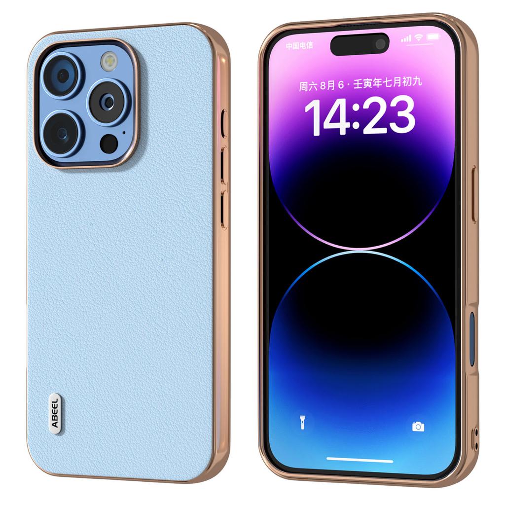 ABEEL For iPhone 16 Pro Case Electroplating Edge Genuine Cow Leather+PC+TPU Phone Cover