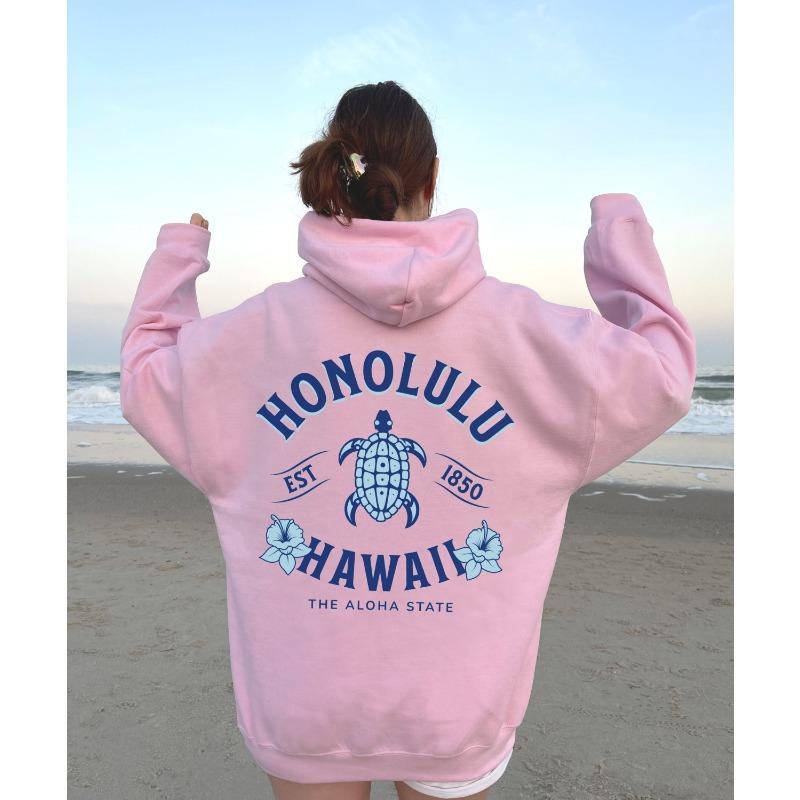 Hawaiianische Hibiskusblume Hoodie Honlulu Sweatshirt Damen Strandresort Shirt Frühling und Herbst Lässig Schildkröten-Print Pullover