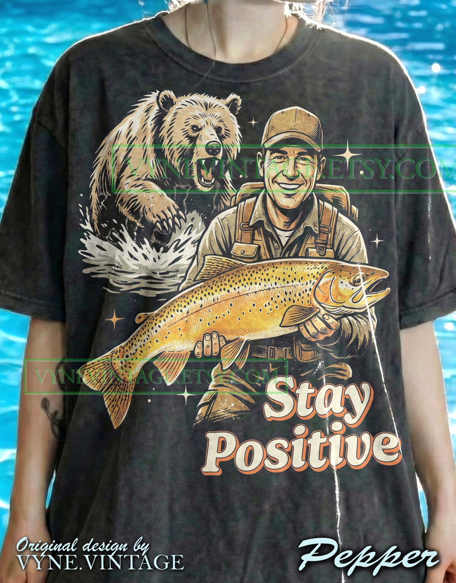 Stay Positive Bear Fishing Comfort Colors® Tshirt, Retro 90S Tees, Funny Fisherman Sweater, Trout Nature Tanktop, Vintage Camping Gift 2XL