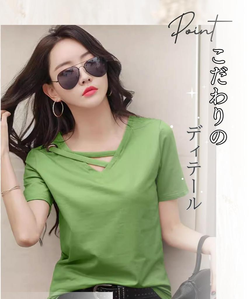 Short Cut and Sewn Large Accent [Elixio] Women's T-shirt, Sleeve, V-neck, Top, Size, Cool, Thin, Plain, Clean, Stylish, Summer, Stretchy, Loose,