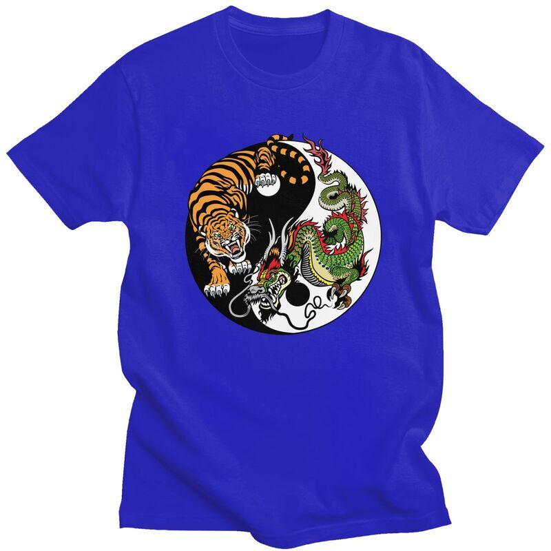 Custom Male Dragon And Tiger Yin Yang Symbol T Shirts Short Sleeve Cotton Tshirt Leisure Tees Slim Fit Clothes