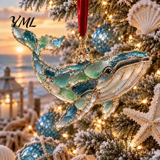Decorative Glass Look Ornaments Sea Christmas Ornament, Coastal Turtle Whale Shark Octopus Modern Wall Hanging Decor Tree Decoration, Ocean-Inspired