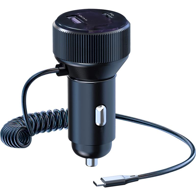 

K18A USB+Type-C Dual Port Aluminum Alloy Car Charger with PD 30W Retractable Type-C Cable