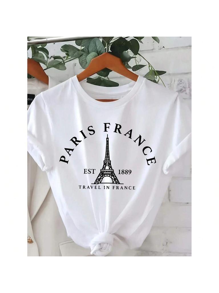 Eiffel Tower Print T-Shirt Short Sleeve Crew Neck Casual Top For Summer & Spring Wounisex's Clothing Aesthetic Clothes