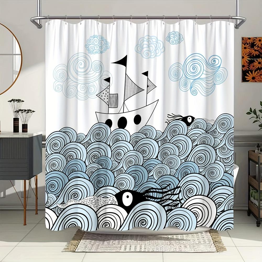 

Tropical Ocean Sailing Boat Shower Curtain - Abstract Waves & Marine Life Design, Blue Theme W60H190(CM)-1 Pcs
