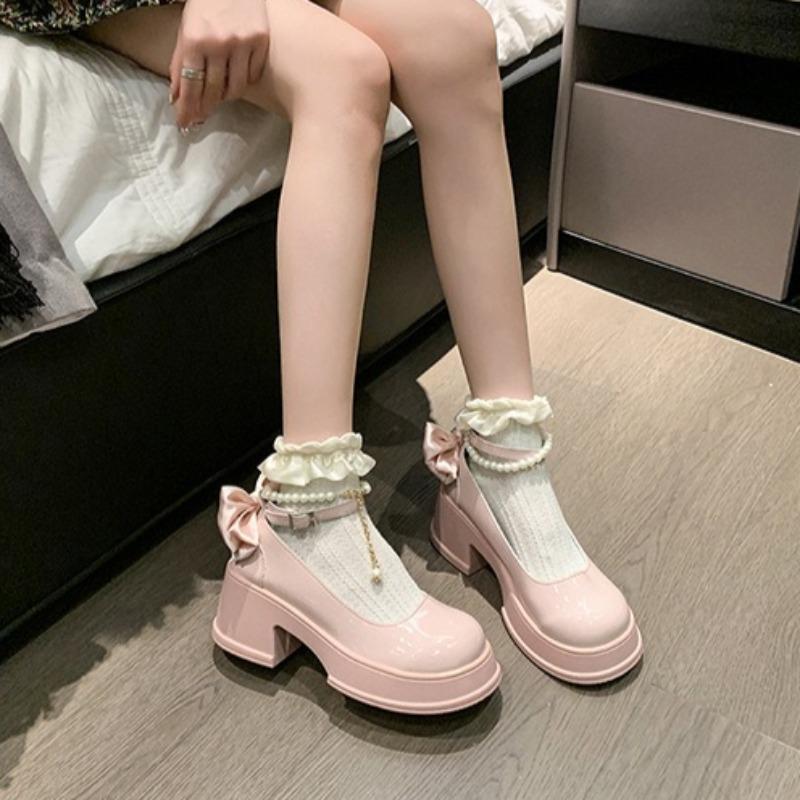 Fashion Women Thick Platform Mary Janes Lolita Shoes Party Pumps Summer Heels Oxford Shoes Vintage Womens Pumps Shoes Bow Chain Tacones