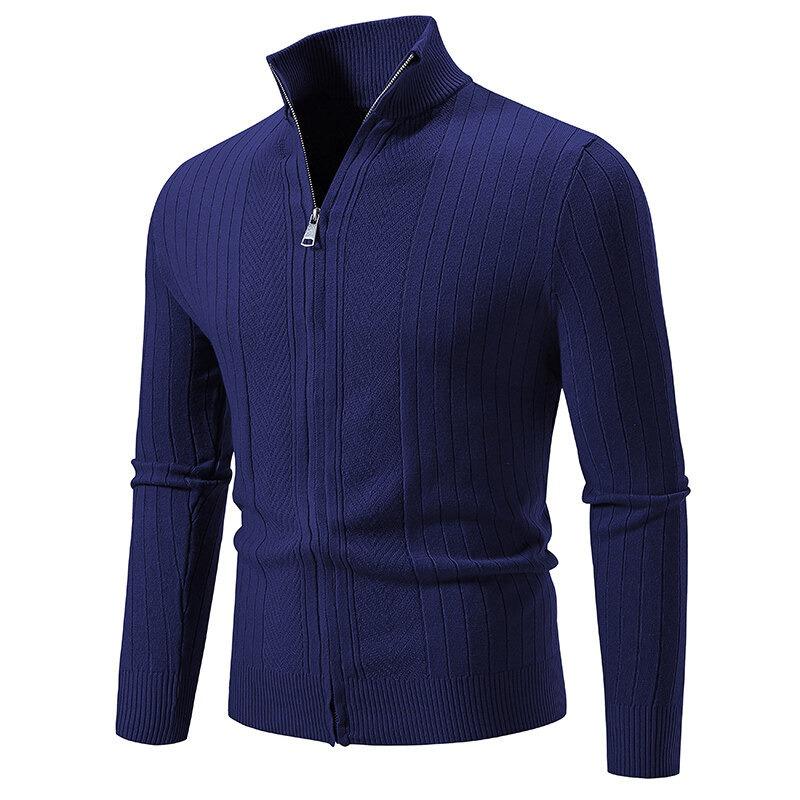 Mens Stand Collar Thickened Jacquard Zip Up Cardigan Knit Sweater