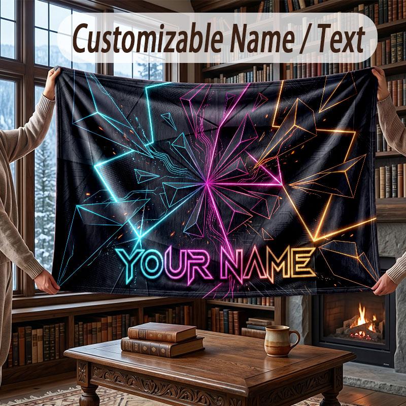 Abstract Geometric Theme Throw Blanket Custom Name Text Personalized Blanket Soft Cozy Blanket for Home Sofa Bed