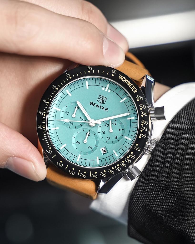 BY BENYAR Analog 30M Water Leather Quartz Gift for Men Men's Watch, Chronograph, Watch, Resistant, Business, Simple, Stylish, Popular, Formal, Strap,