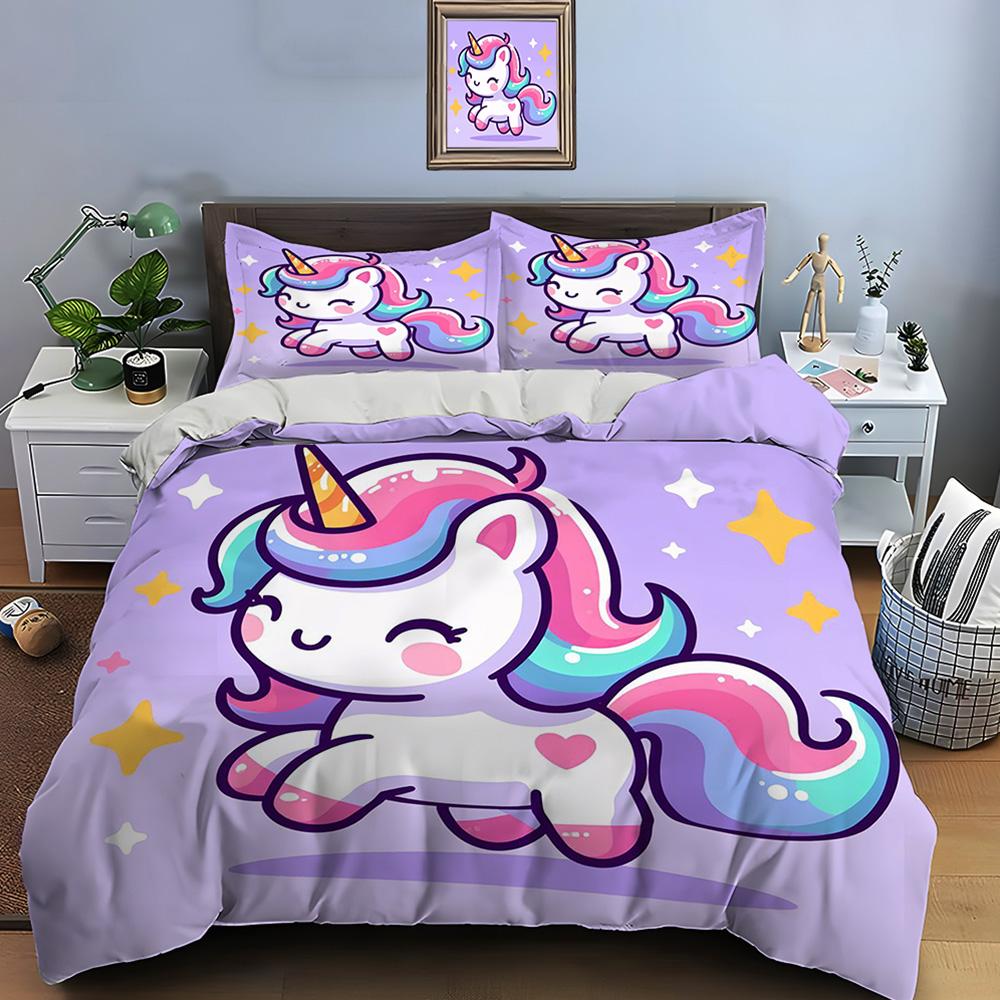 Cute Cartoon Unicorn Print Bedding Set Duvet Cover 1 Duvet Cover 2 Pillowcases Adult And Kids Bedding Set Luxury Holiday Gifts