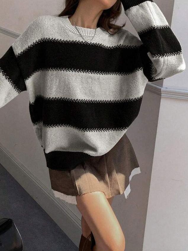 Lazy Wind Striped Contrasting Color Long-sleeved Knitted Sweater Women's Autumn Wear Crew Neck Pullover Temperament Top Sweater
