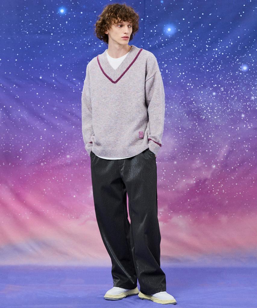 WAIKEI Wide Crack Artificial Leather Banding Pants Gray