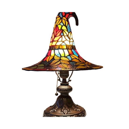 Stained Glass Style Witch Hat Lamp, USB Powered Resin Wizard Hat Night Light with Sun Star, Gothic Halloween Table Lamp for Bedroom Bookshelf Mantel