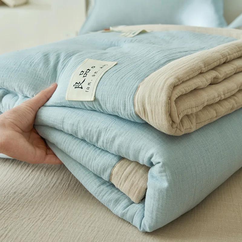 Class A fiber double-layer yarn soybean fiber summer quilt 4-piece set wrinkled yarn air conditioner quilt thin washable quilt