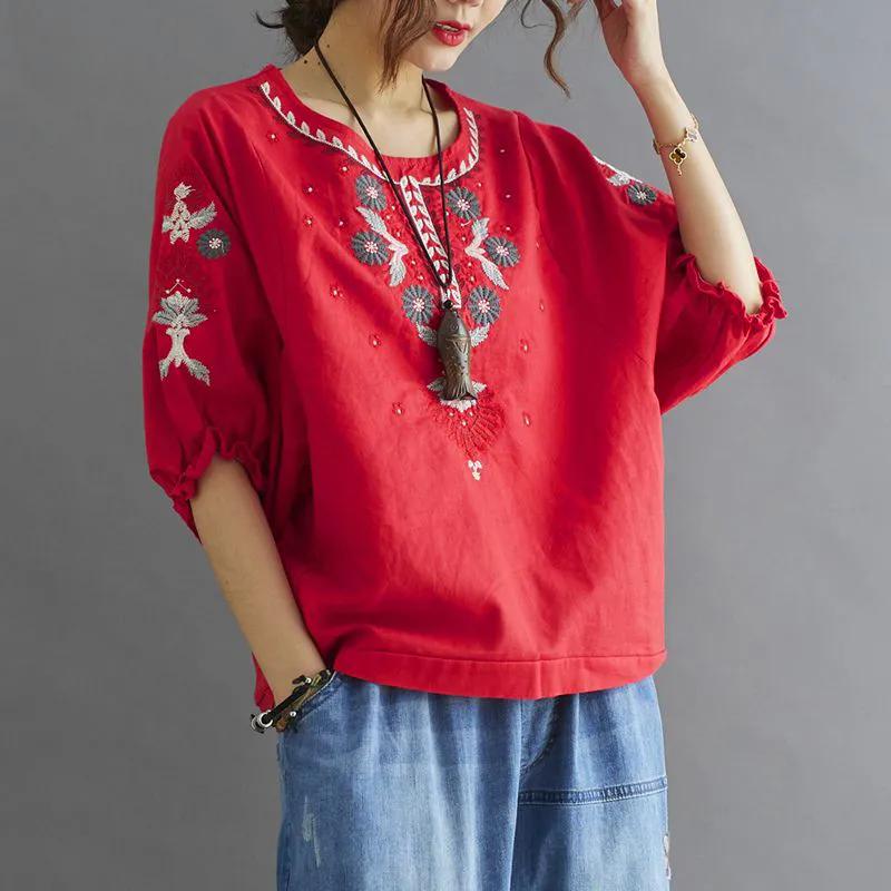 

WTEMPO Футболка из чистого хлопка с вышивкой из хлопка и льна, весна-лето, винтажная, свободного кроя, большой размер, универсальные рубашки в этническом стиле XL красный