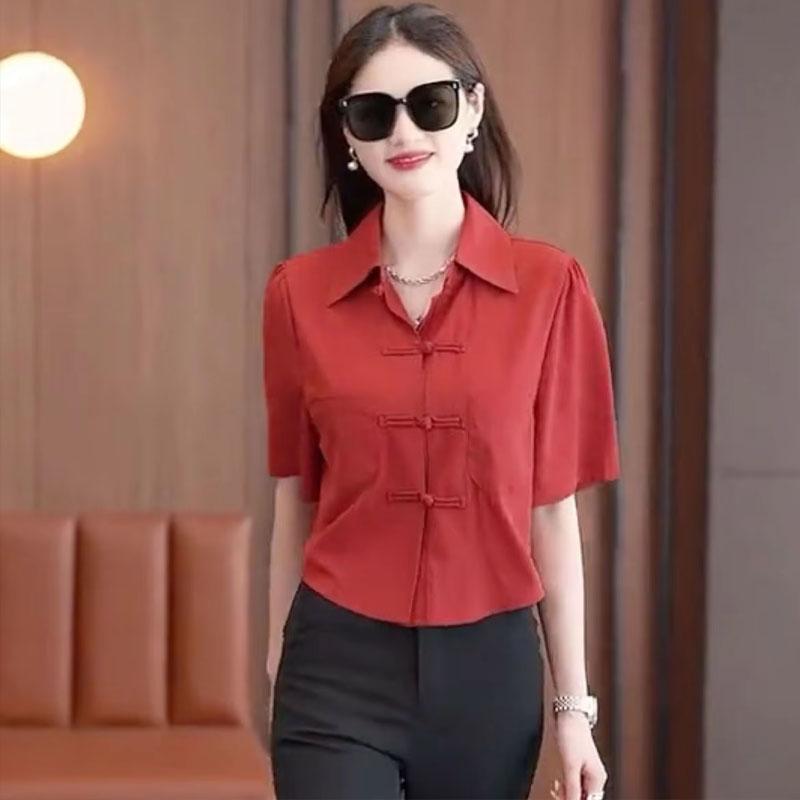 Camisa de Verano Estilo Chino Camisa Holgada de Color Sólido Camiseta de Temperamento de Manga Media Ombliguera Camisa para Mujer