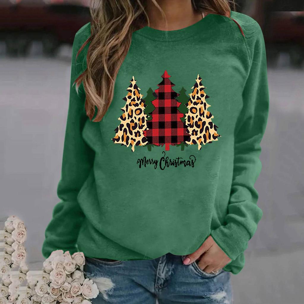 Women's Casual Fashion Christmas Print Long Sleeve O-Neck Pullover Top