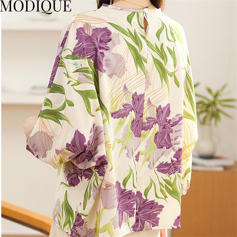 MODIQUE Spring Summer Plus Size Women Casual Loose Elegant Cotton Floral Print Puff Sleeve Blouse Shirts Lady Oversize O-Neck Long Sleeve Pullover