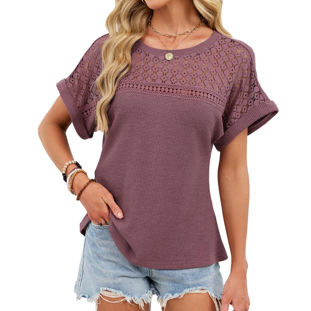Summer New Style Round Neck Lace Loose Short Sleeve T-Shirt Tops for Women