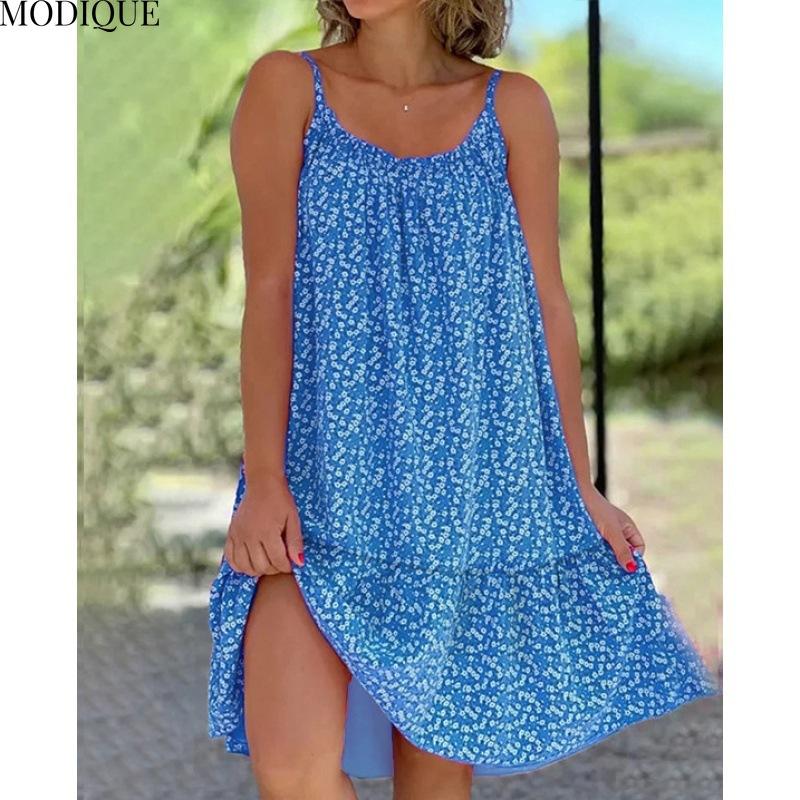 MODIQUE 2025 Summer Plus Size New Women's Loose Casual Hot Floral Halter Long Dress Ladies Folk Multiple Colors O-Neck Dress