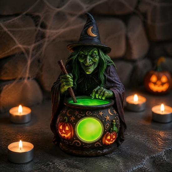 Artesanías de Resina Hechas a Mano Lámpara Caldero de Bruja de Halloween, Adorno de Estatua, Accesorios de Habitación Artísticos Decorativos Espeluznantes Luz para Escritorio Mesa