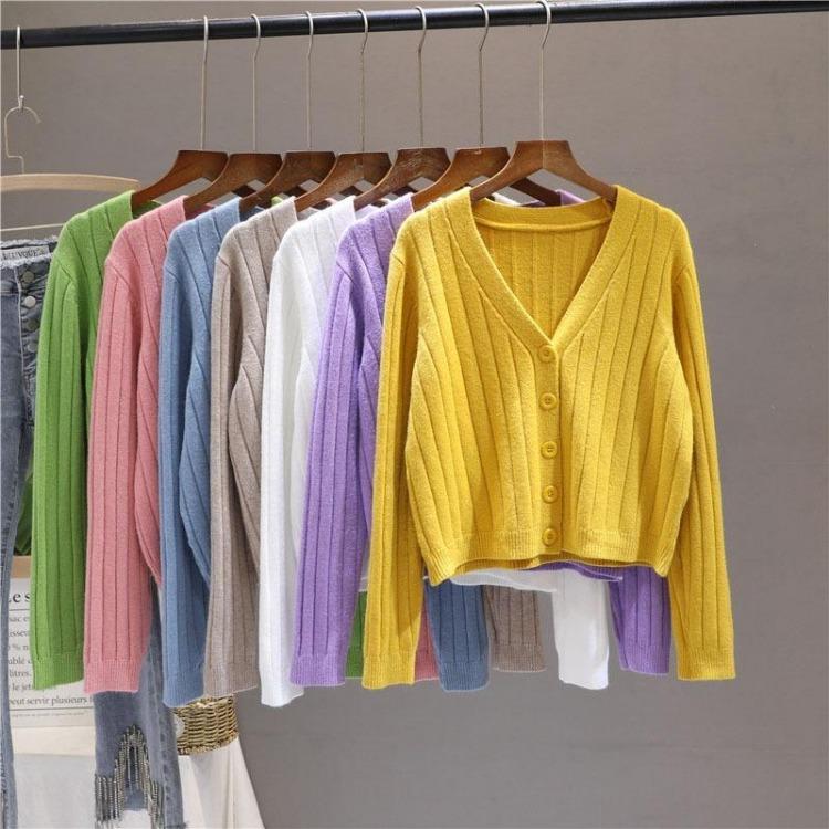 Women's V Neck Knitted Cardigan Short Jacket Loose Long Sleeve Autumn Versatile Outfit Top Sweater