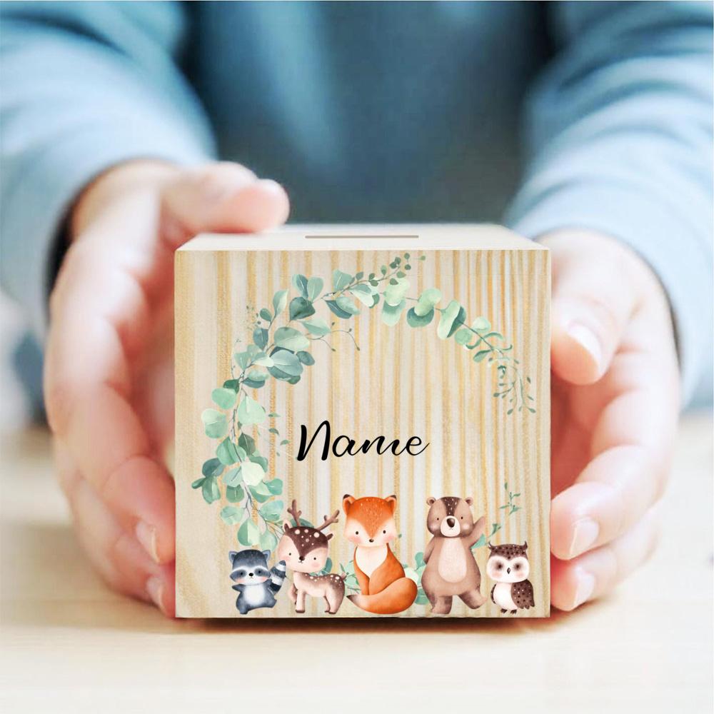 Spersonalizowana Skarbonka Zwierzę z Imieniem Skarbonki dla Dzieci Pudełko na Kolekcję Monet Drewniany Banknot Bank Dziecięce Urodziny Chrzciny Baby Shower Prezent