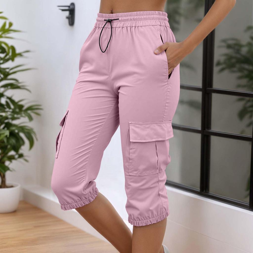 Damen High Waist Cargo Jogginghose Caprihose Elastischer Bund Kordelzug Verstellbare Länge Leichte Freizeithose mit Taschen