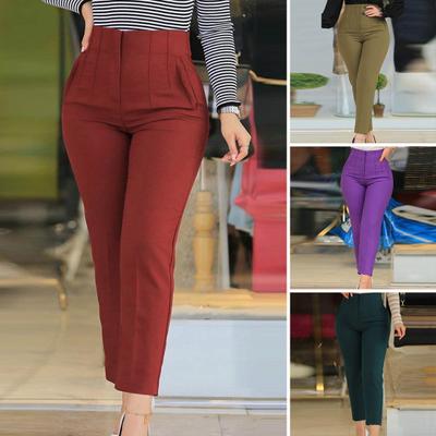 Women High Waist Pleated Suit Pants Pockets Ninth-Length Solid Color Straight Leg Business Trousers Workwear