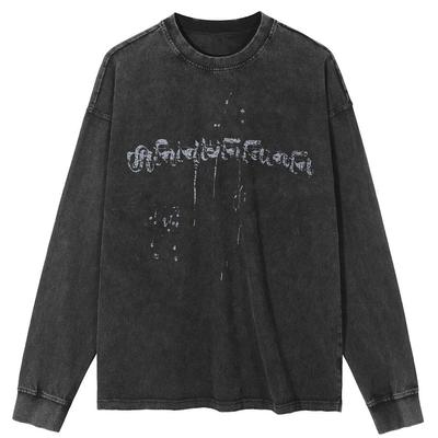 Streetwear Letters Graphic Washed Black T-Shirt Cotton Unisex Tops Tees Long Sleeves T Shirt
