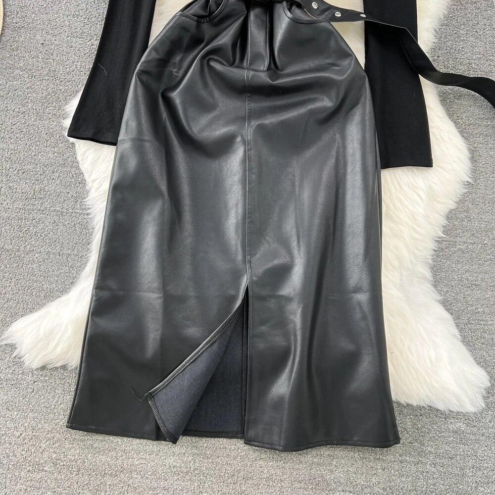 New Spring Women Long Sleeve Blouse Tops and Spaghetti Strap Faux Leather Slim Bodycon Pencil Dress Two Piece Set