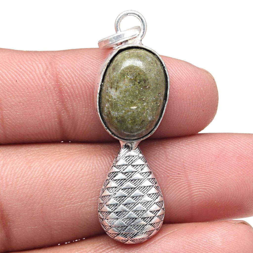 Pendant Unakite Jasper Gemstone Handicraft Valentine'Day Silver Jewelry 2"