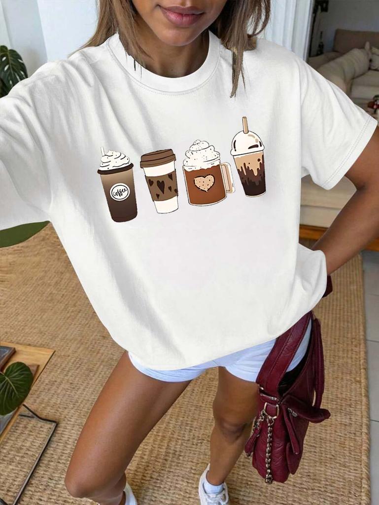 Plus Size Casual Coffee Themed Te Short Sleeve With Unique Print