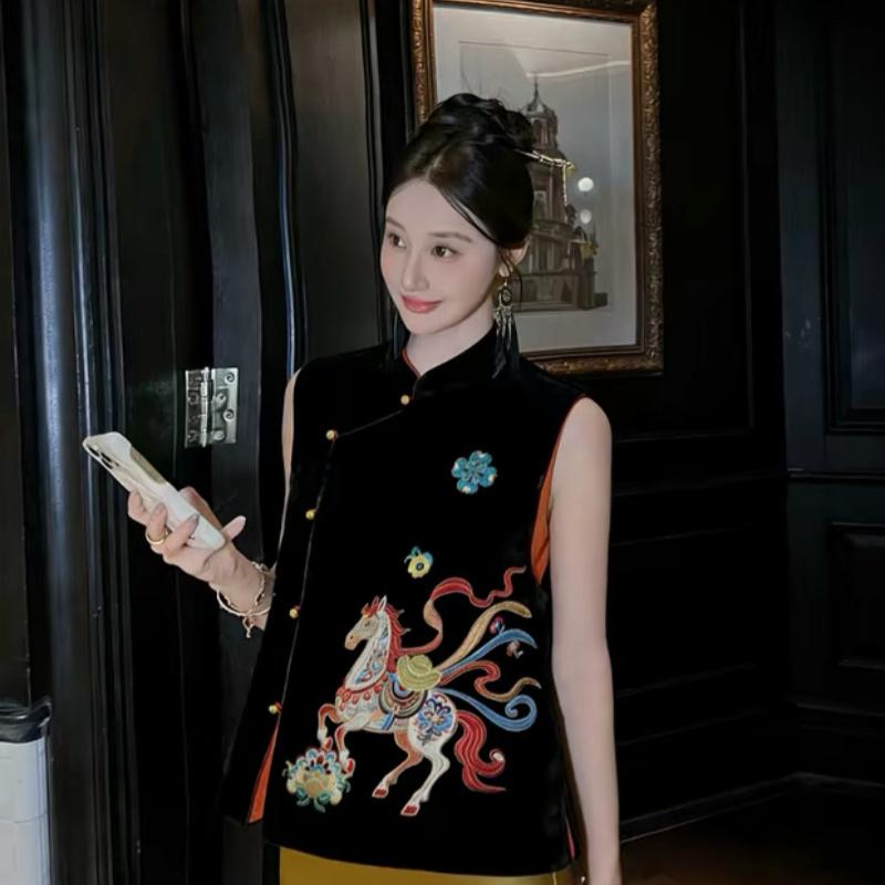 New Spring Silk Velvet Vest with Embroidery and Stand Collar - Women's Chinese National Style