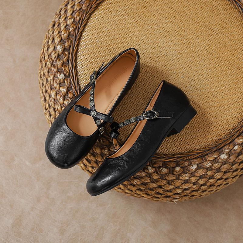 Retro Shallow Mouth One-word Buckle Bow Single Shoes Flat-soled Soft Leather One-pedal Mary Jane Shoes Women's Doudou Shoes