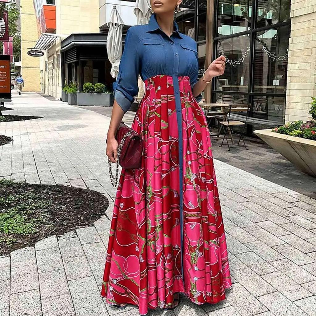LYRIA Women Long Sleeve Printing Red Blue Long Dress Maxi Dress