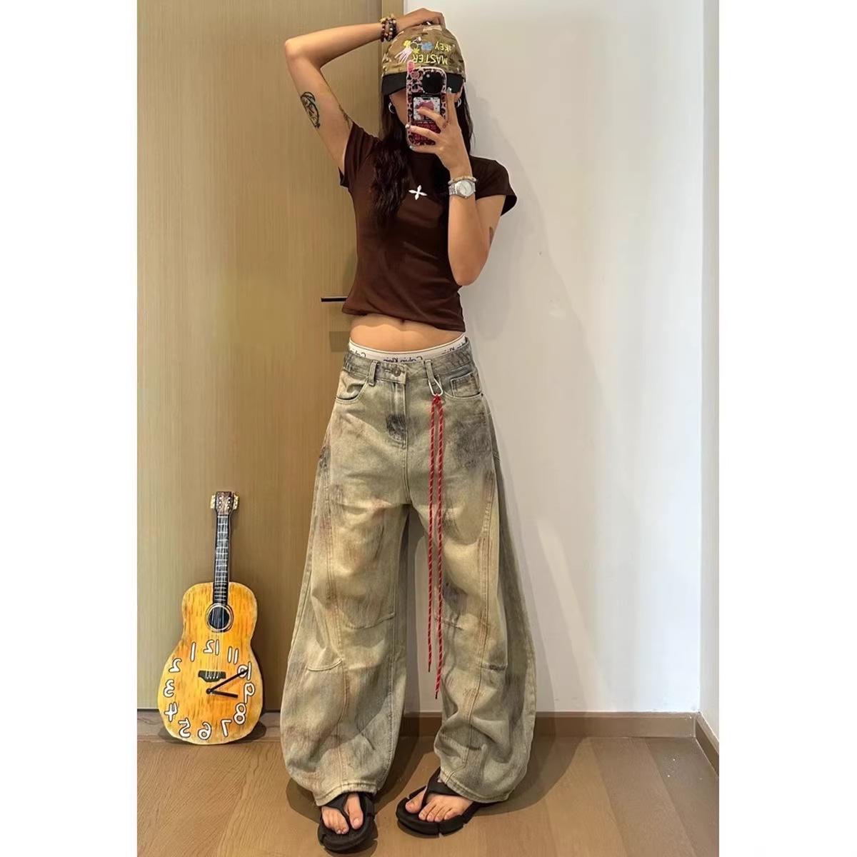 

High Street Hip Hop Mud-Dyed Curved Leg Wide-Leg Pants - Women s Autumn Floor-Length XS