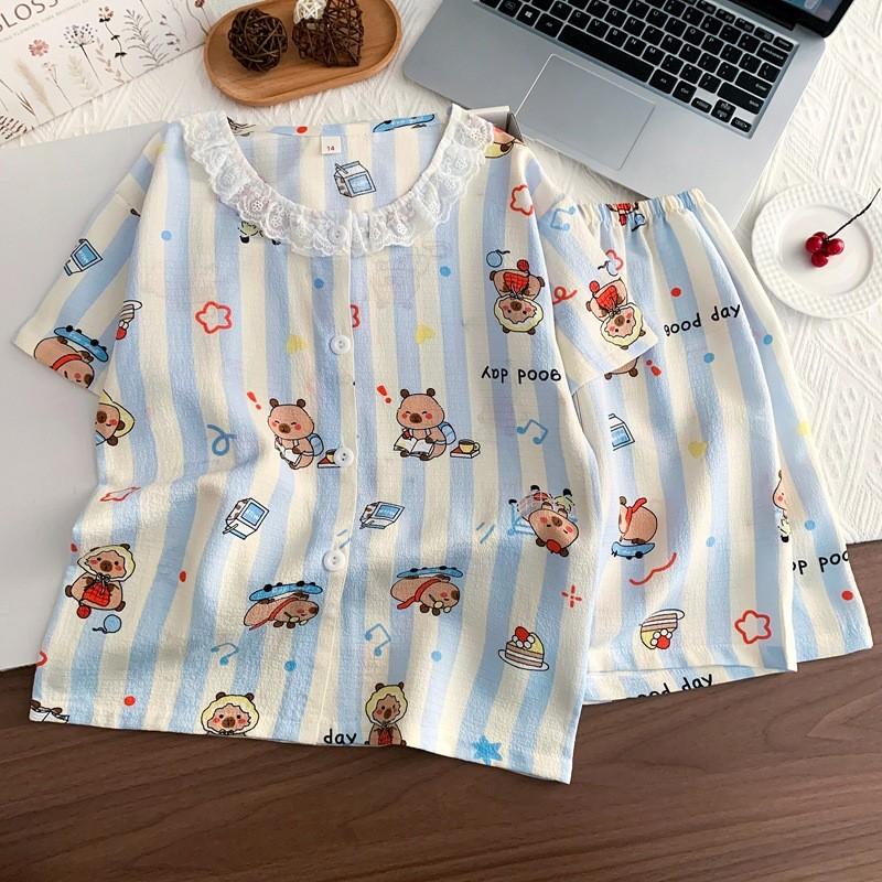 Crayon Shin Chan Hachiware Labubu Kinder-Schlafanzug-Set Aus Blasenbaumwollstoff Für Sommerlichen Komfort