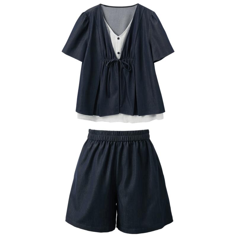 Sancai 2026 Summer Plus Size Faux Two-Piece Top & High-Waist Shorts Set XXXL
