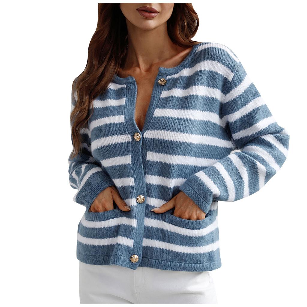 Women's  And Winter Button Striped Knitted Cardigan Long Sleeve Sweater