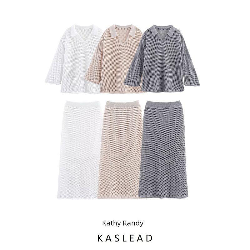 Kaslead New Women Clothes Western Style Fashion Simple Hollow Long Sleeve Knitted Skirt Sets