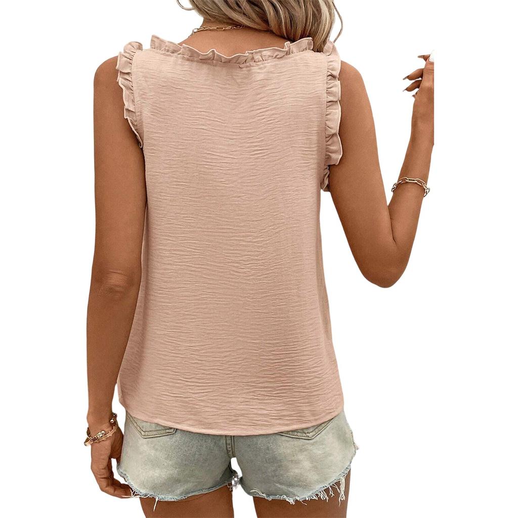 Women's Fashion Solid Color V Neck Ruffled Sweet Sleeveless Vest Top