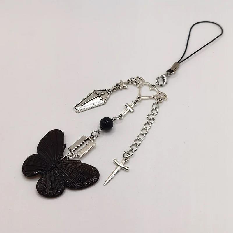 Black Punk Y2K Phone Pendant Chain Cool Girl Sweet Pink Beaded Charm With Cross Butterfly Love Accessories For iPhone Camera Bag 1