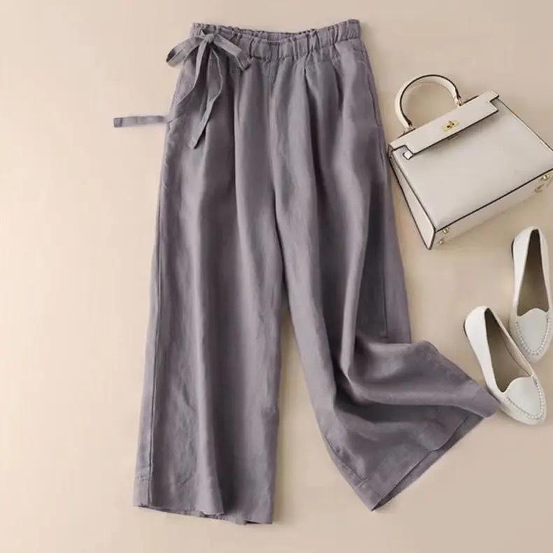 Women's Summer High Waist Wide Leg Pants Elastic Side Tie Casual Cropped Trousers