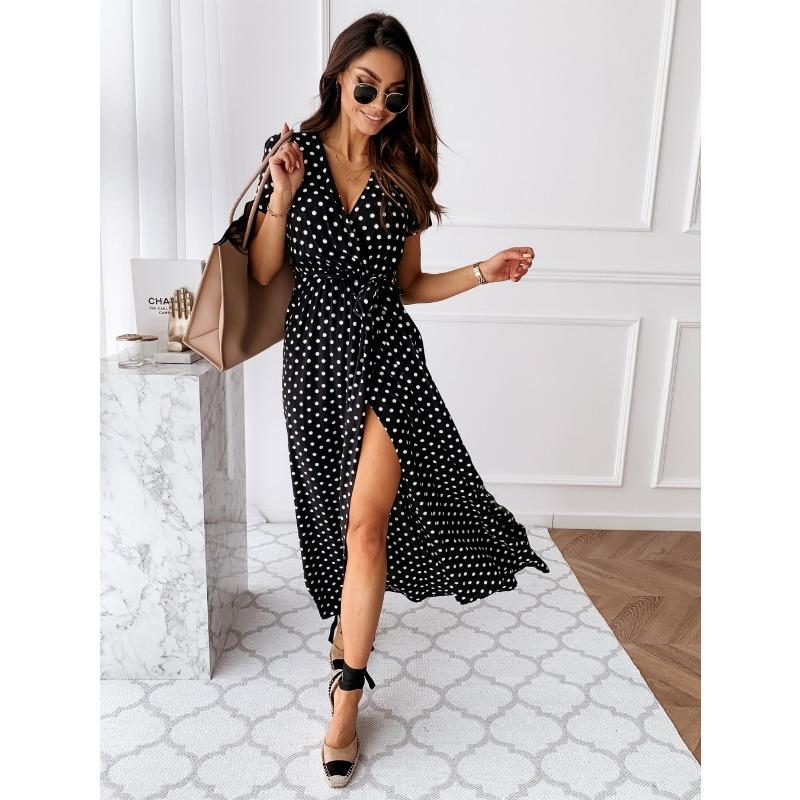 Short-sleeved V-neck Summer Fashion Sexy Casual Long Skirt Bohemian Polka-dot Print Dress