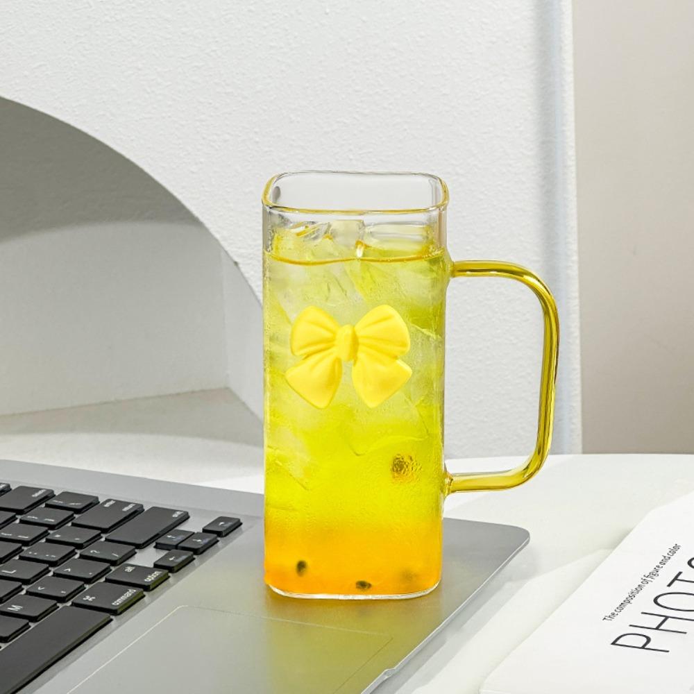 With Lids and Handle Square Glass Mug Transparent Coffee Cup Household Bow Straw Cup  Gift