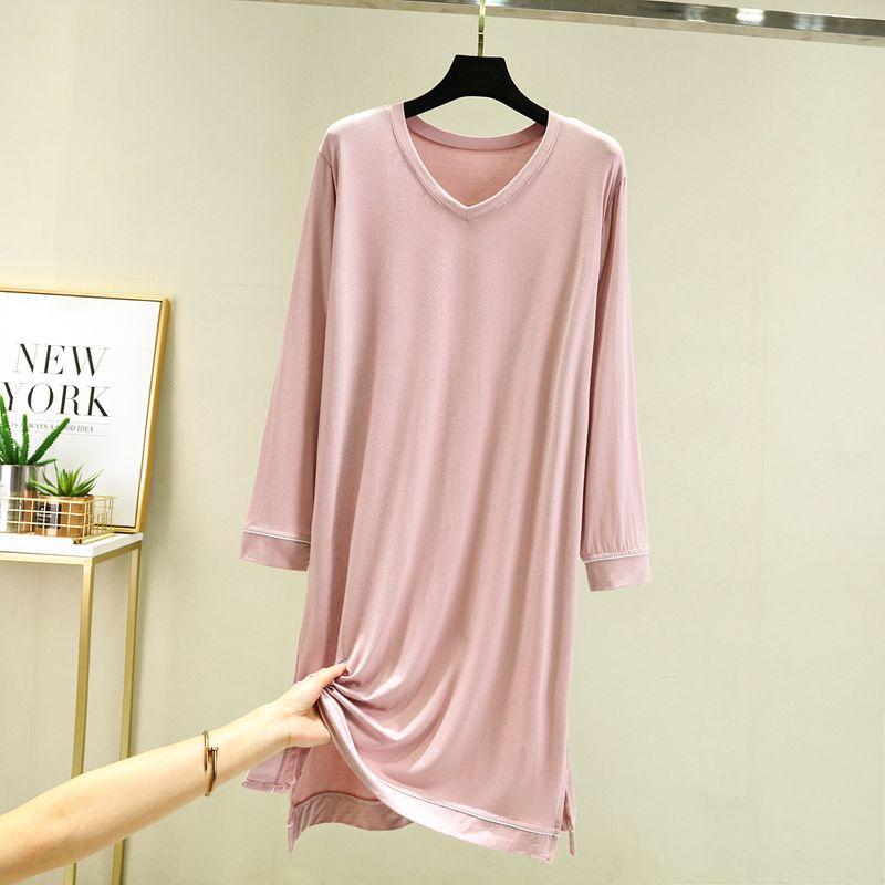 

Modal V-neck Dress Women s Spring Casual Long Sleeves Nightdress Pure Color Minimalist Thin Loose Inner Match Slimming Dress Leather pink M (recommended 40.00 kg-50.00 kg