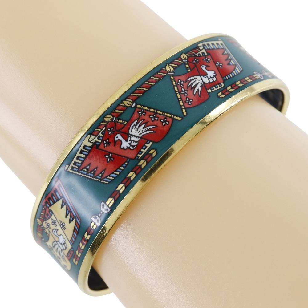 HERMES EmailGM Bangle Flag & Bird cloisonne Green Plated Gold 35g Women Used