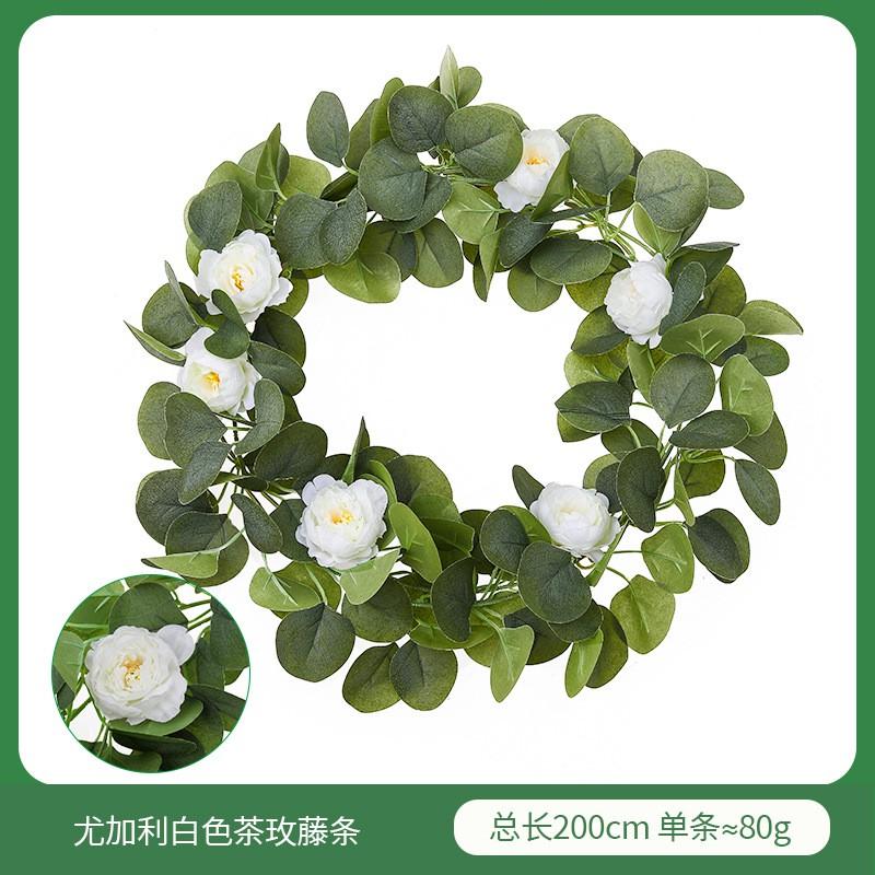 Artificial Eucalyptus Vine With Green Leaves Small Tea Roses Home Decor Wedding Party Wall Hanging