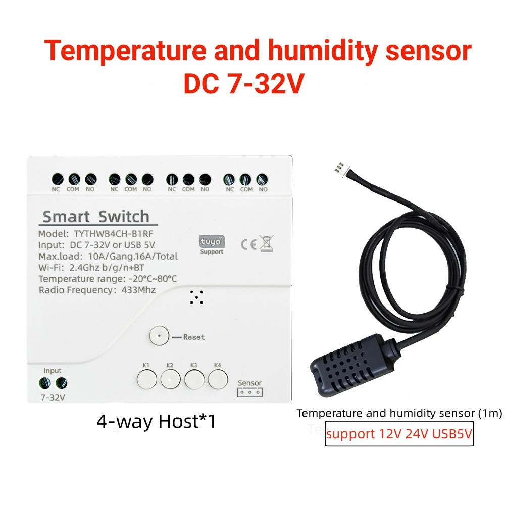 DC 7-32V Tuya Smart WiFi 4 Channel Relay With Temperature Humidity Sensor Passive Dry Contact Switch Alexa Alice Compatible
